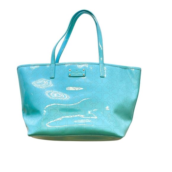 Kate Spade New York Perforated Patent Leather Tote Bag Aqua Blue L - Picture 1 of 7